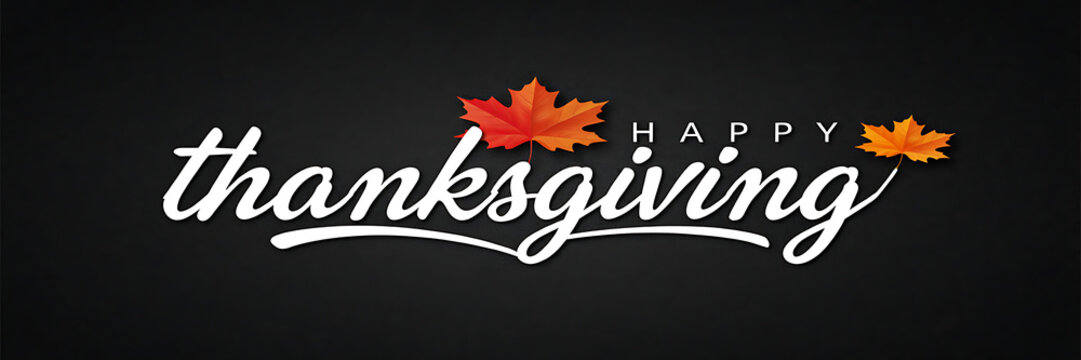 Happy thanksgiving typography with orange and red maple leaves on a dark textured black background, for seasonal holiday, greeting cards