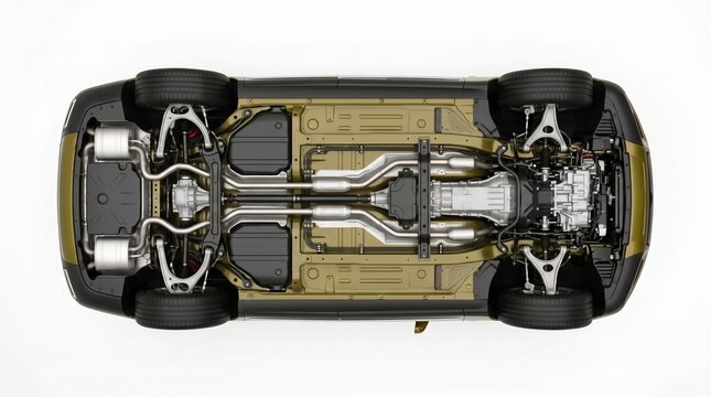 Detailed underside view of a modern vehicle showing complex mechanical chassis components and heavy exhaust systems
