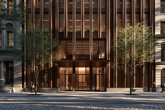 Modern office building entrance with wooden vertical slats and glass doors