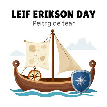 Viking longship with a wooden hull, sails, shield, and compass sails on blue waves for Leif Erikson Day celebration.