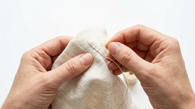Close-up of Hands Sewing Fabric: A close-up shot captures a pair of hands skillfully maneuvering a needle and thread through a piece of light-colored fabric, showcasing the art of sewing and mending.