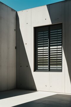 A closed window with black horizontal shutters sits on a plain concrete wall inside a minimalist architectural courtyard. Modern geometric structure layout under bright direct sunlight.