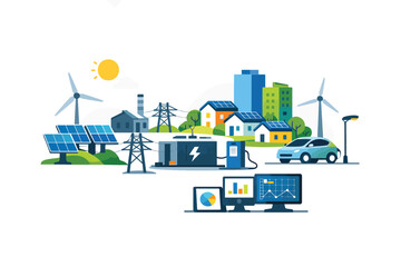 Naklejka premium Smart city with renewable energy and electric vehicles concept illustration