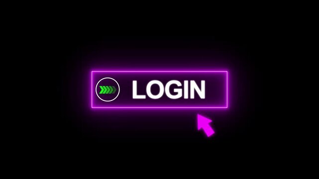 Neon Purple Glowing Login Button with Mouse Cursor Click Animation 4K Loop on Black Background