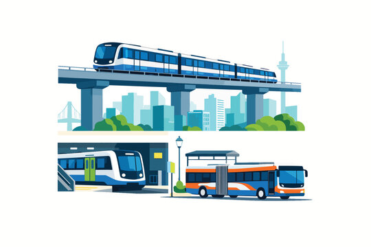 Modern city transport with train, bus, and metro illustration