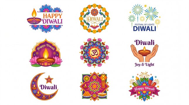 Happy Diwali Hindu festival icons, elements, logo set. Burning diya illustration, light festival of India