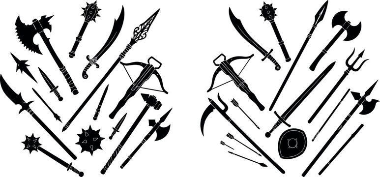 Set of medieval weapon and armory icons, combat symbols, fantasy game graphics, and warrior vector illustration