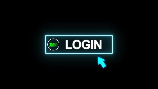 Neon Cyan Glowing Login Button with Mouse Cursor Click Animation 4K Loop on Black Background