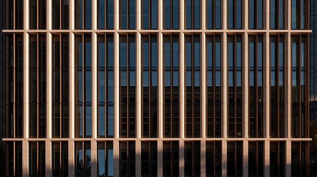 Modern office tower facade with reflective glass and wooden vertical accents