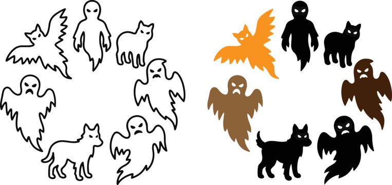 Halloween set with ghosts and animals like a cat and a dog in flat vector style ghost figures cat silhouette halloween graphics spooky anima