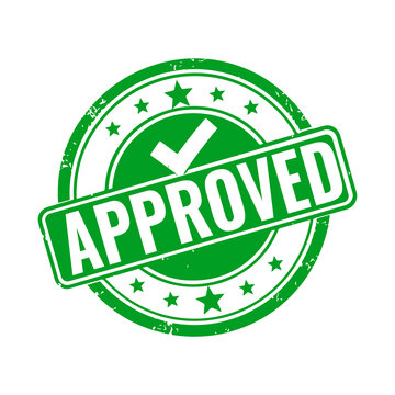 Green approved rubber stamp with a check mark symbol for business document verification and official quality control confirmation in a classic round style