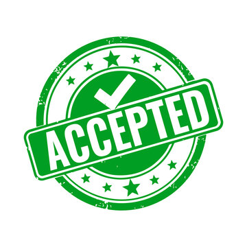 Green circular accepted stamp design with a check mark icon for business approval and validation documents or digital marketing signs on a simple layout