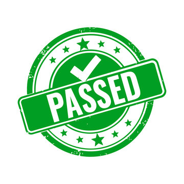 Green rubber stamp with the word passed and a check mark symbol inside a round border for business quality control approval and successful verification