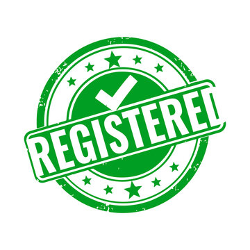 Green rubber stamp with the word registered and a check mark symbol inside a circle with stars design for business verification and official document tasks