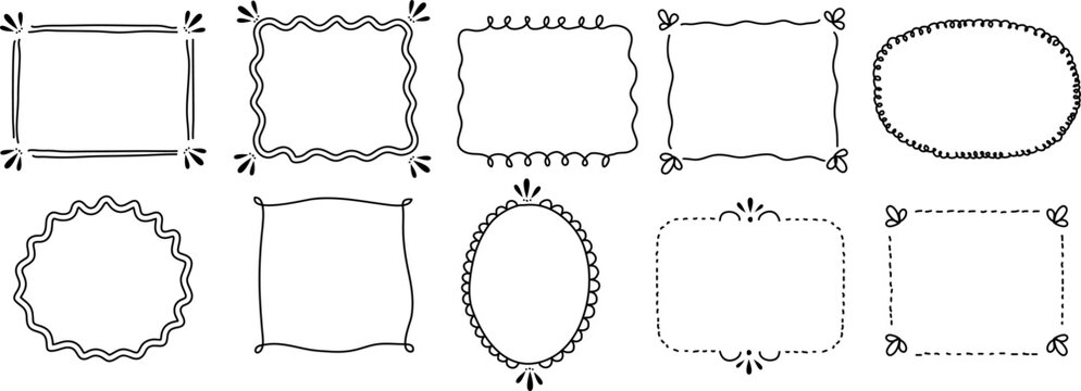 Hand drawn black decorative frame collection with wavy, oval and rectangular borders, ideal for labels, invitations, notes, cards and scrapbook designs