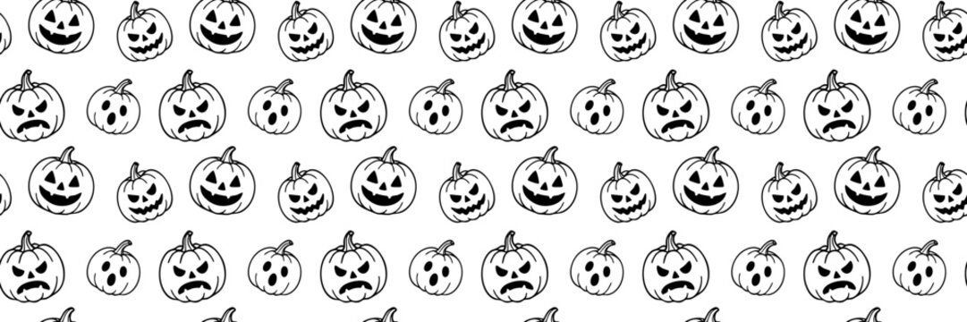 Seamless Halloween pattern with hand drawn jack o lantern pumpkins and expressive spooky faces in black outline, ideal for seasonal backgrounds and prints