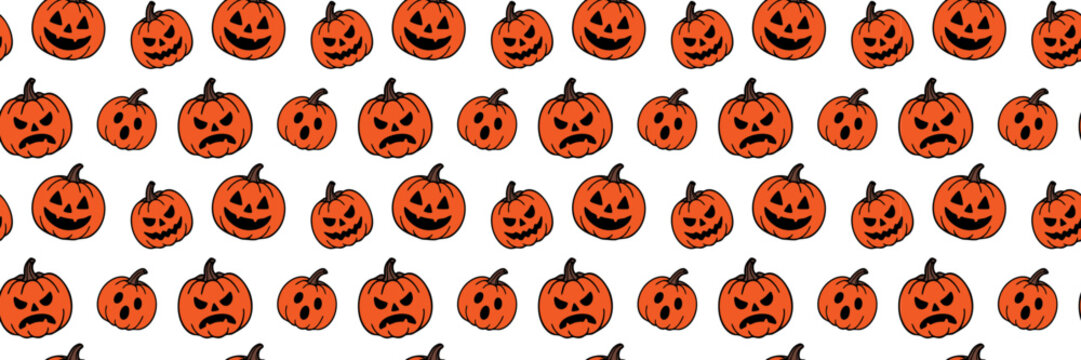 Seamless Halloween pattern with orange jack o lantern pumpkins featuring spooky faces, ideal for wrapping paper, textiles, party decor and backgrounds