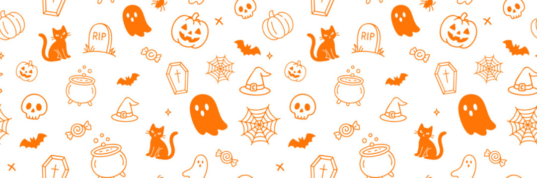 Seamless black and white Halloween pattern with cute doodles of ghosts, pumpkins, bats, cats, spiderwebs, and candies. Perfect for wrapping paper and festive design