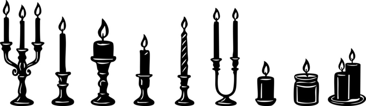 Hand drawn black candle and candlestick collection with burning flames and vintage holders, ideal for Halloween, gothic decor and mystical designs