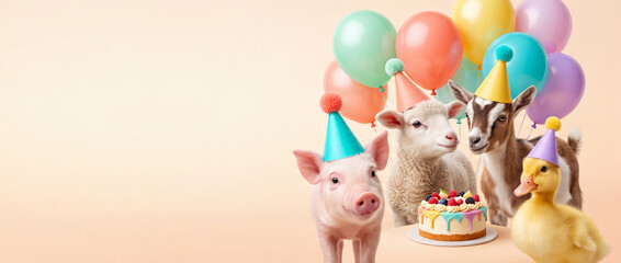 Fototapeta premium Piglet, lamb, goat, and duckling in party hats with birthday cake and balloons on pastel background