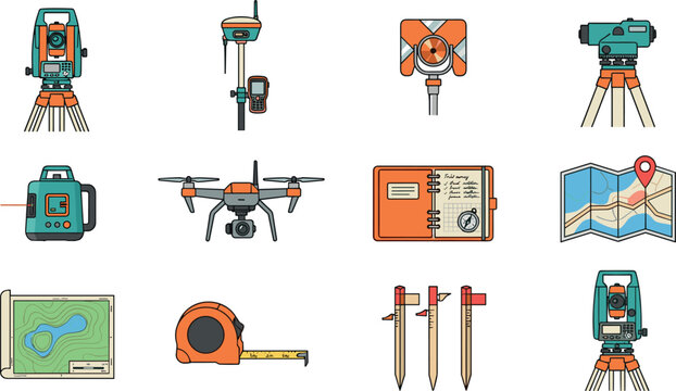Land surveying vector icon set with geomatics measurement equipment total station and topographic mapping tools