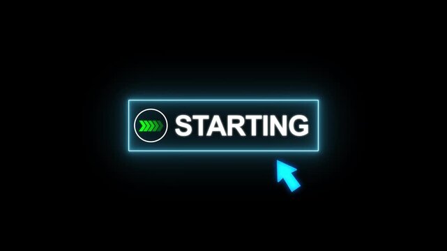 Neon Cyan Glowing Starting Button with Mouse Cursor Click Animation 4K Loop on Black Background