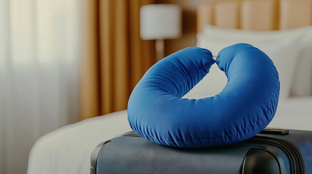 Travel neck pillow resting on a suitcase in a cozy hotel room, inviting relaxation before the journey begins