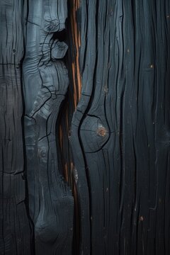 A close up of black burnt wood texture showing deep structural cracks and charcoal layers. Abstract Shou sugi ban pattern, distressed organic surface background, rustic material design. Dark theme.