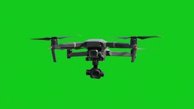 Realistic Modern Camera Drone Hovering and Performing a Smooth Full 360 Degree Rotation with Spinning Propellers Isolated on Pure Chroma Green Screen, 4K Animation