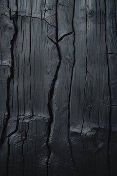 A vertical shot of black burnt wood texture with deep vertical cracks and carbonized patterns. Shou sugi ban background, rustic charred plank surface material. Dark theme, textured backdrop.
