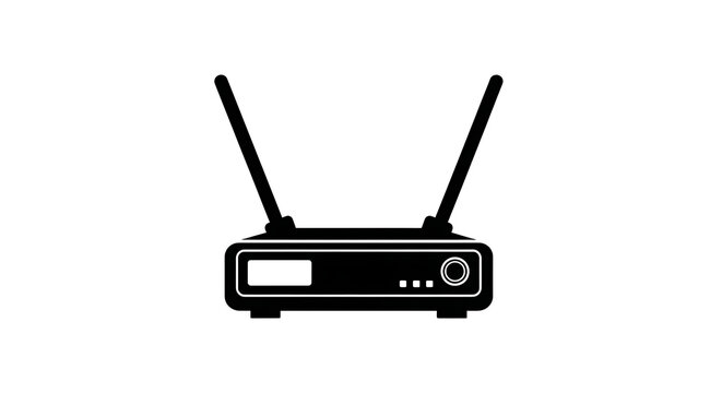Black wireless internet router icon with dual antennas isolated on a white background