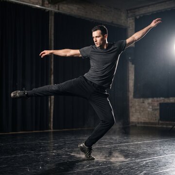 Male Modern Contemporary Dancer Performing Spinning Leg Extension in Studio