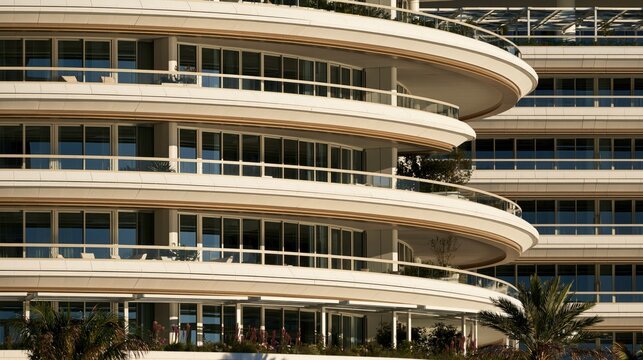 Modern curved office building exterior with glass windows and balcony railing