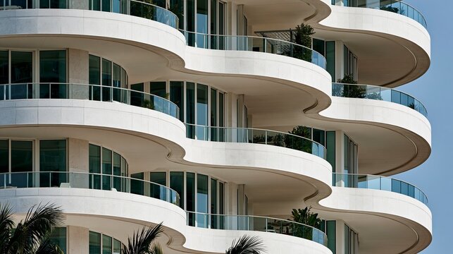 Modern white curved balcony design on high-rise residential building facade