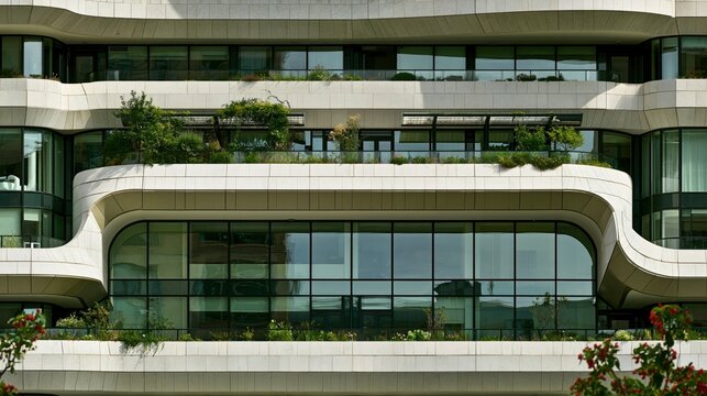 Modern building facade with large glass windows and curved balcony design