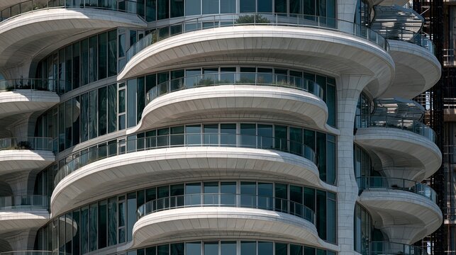 Modern architectural building with curved balcony design and glass windows