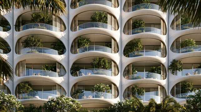 Modern curved balcony facade with glass railing and potted plants