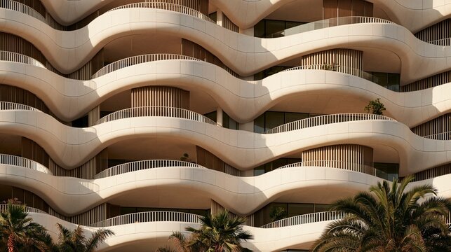 Curved architecture with wave-like balcony design on residential building facade