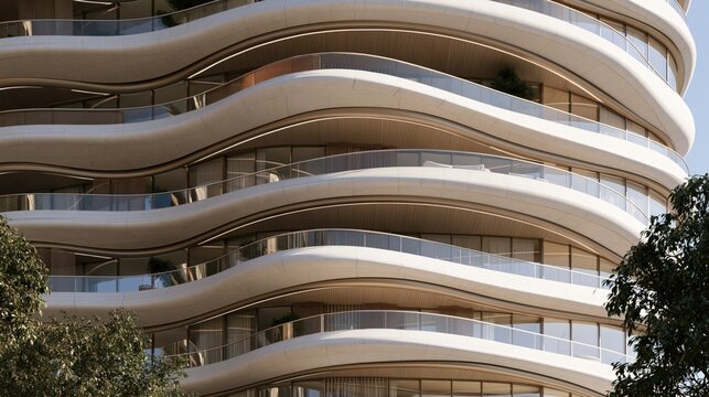 Modern architectural building facade with smooth curved balconies and glass railing