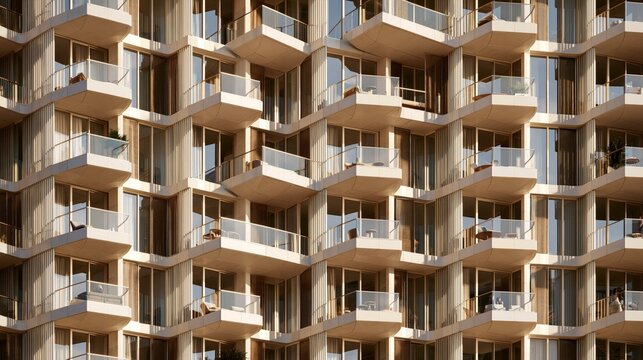 Repetitive modern building exterior with numerous geometric balconies design