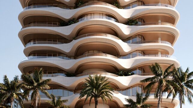 Modern luxury residential building with wavy balconies and palm trees