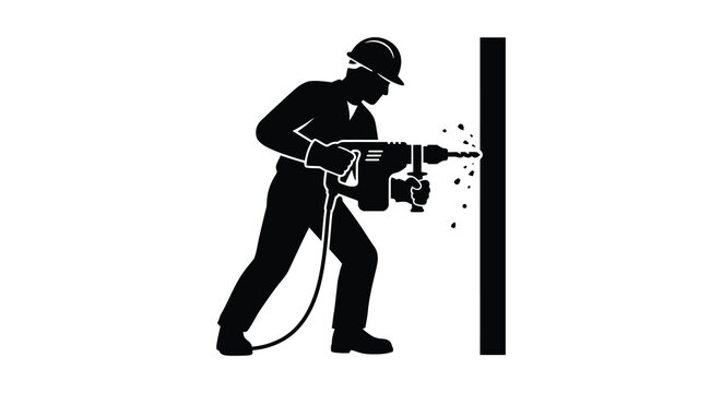 Construction worker drilling into a wall black silhouette on white background