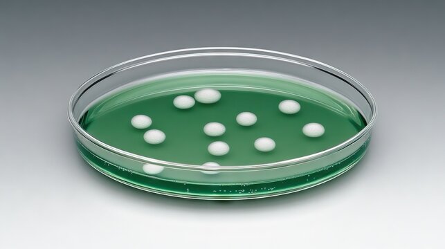 Exploring microscopic life: close-up of bacteria on agar medium in a petri dish with white spheres