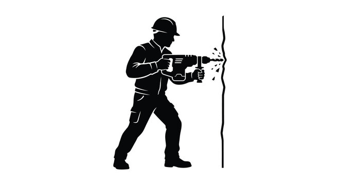 Construction worker drilling into a wall black silhouette on a white background