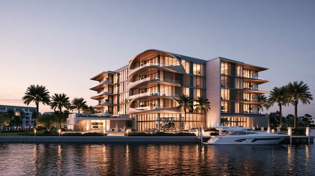 Modern luxury waterfront apartment building with yacht dock at sunset