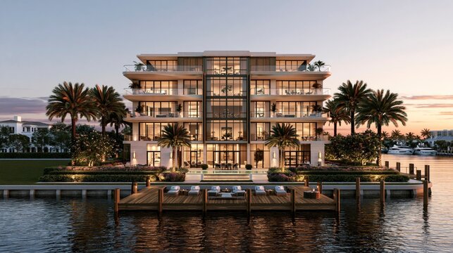 Modern luxury apartment building with waterfront view and sunset sky