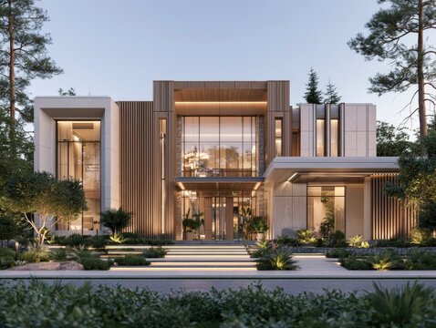 Modern luxury house exterior with large glass windows and landscaped garden