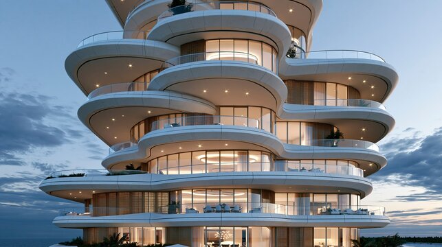 Modern luxury residential building with curved balconies at dusk sky