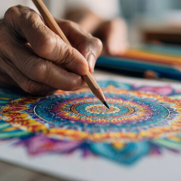 Senior person coloring a detailed mandala design with colored pencils  