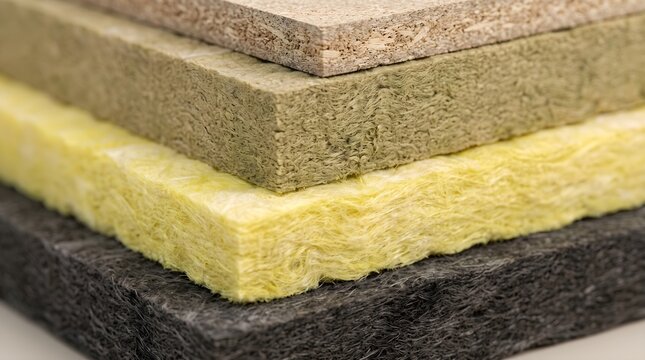 Stacked thermal insulation materials including rock wool and glass wool panels of different textures for building energy efficiency and home renovation concept